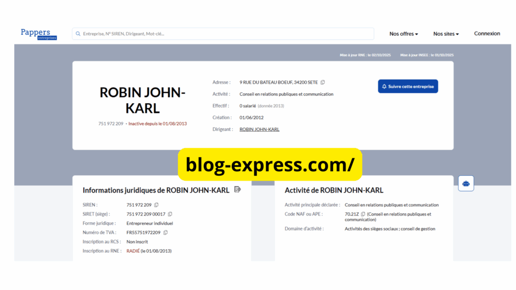 Les informations légales sur John Robin